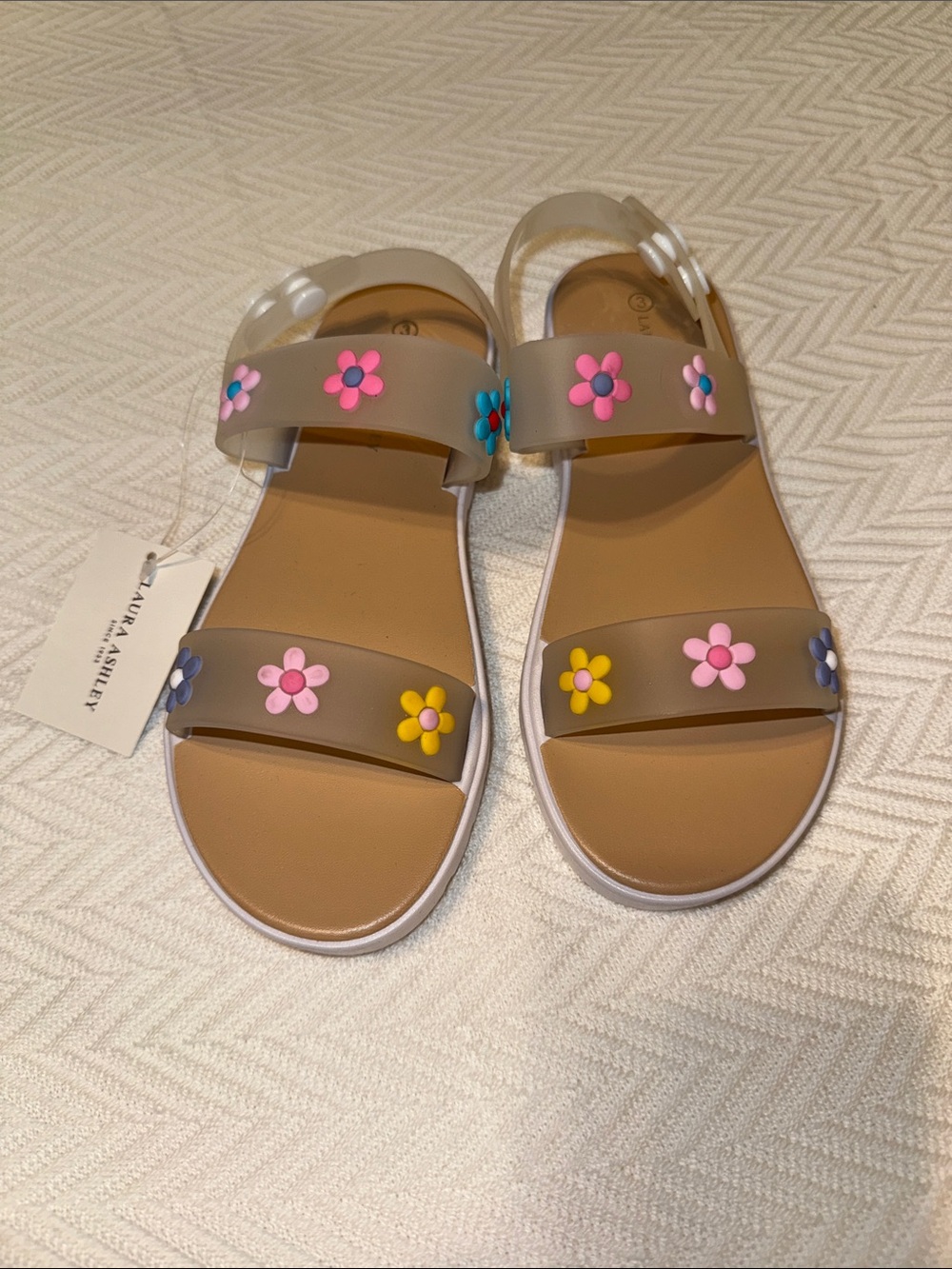 Laura Ashley Beige Kids Sandals with Pink, Yellow & Blue Flower Accents